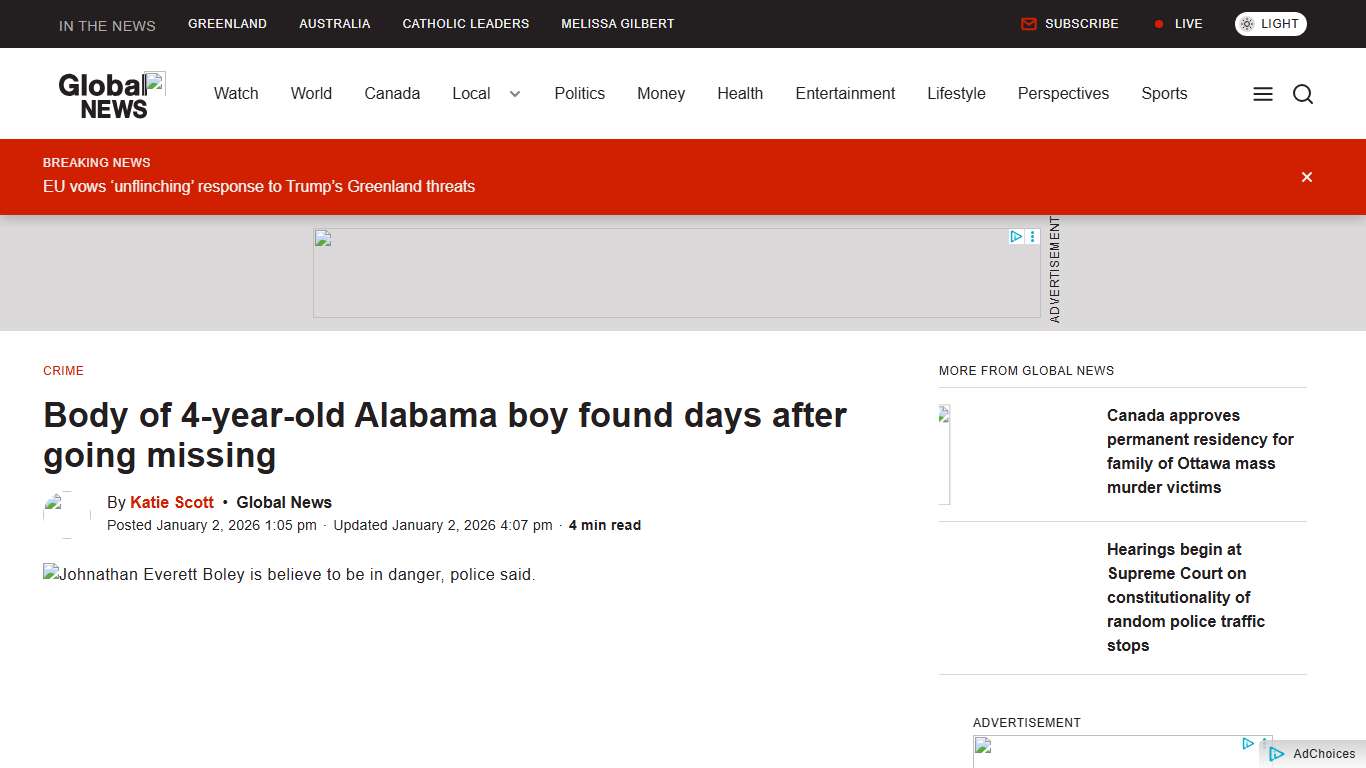 (1) Body of 4-year-old Alabama boy found days after going missing - National | Globalnews.ca
